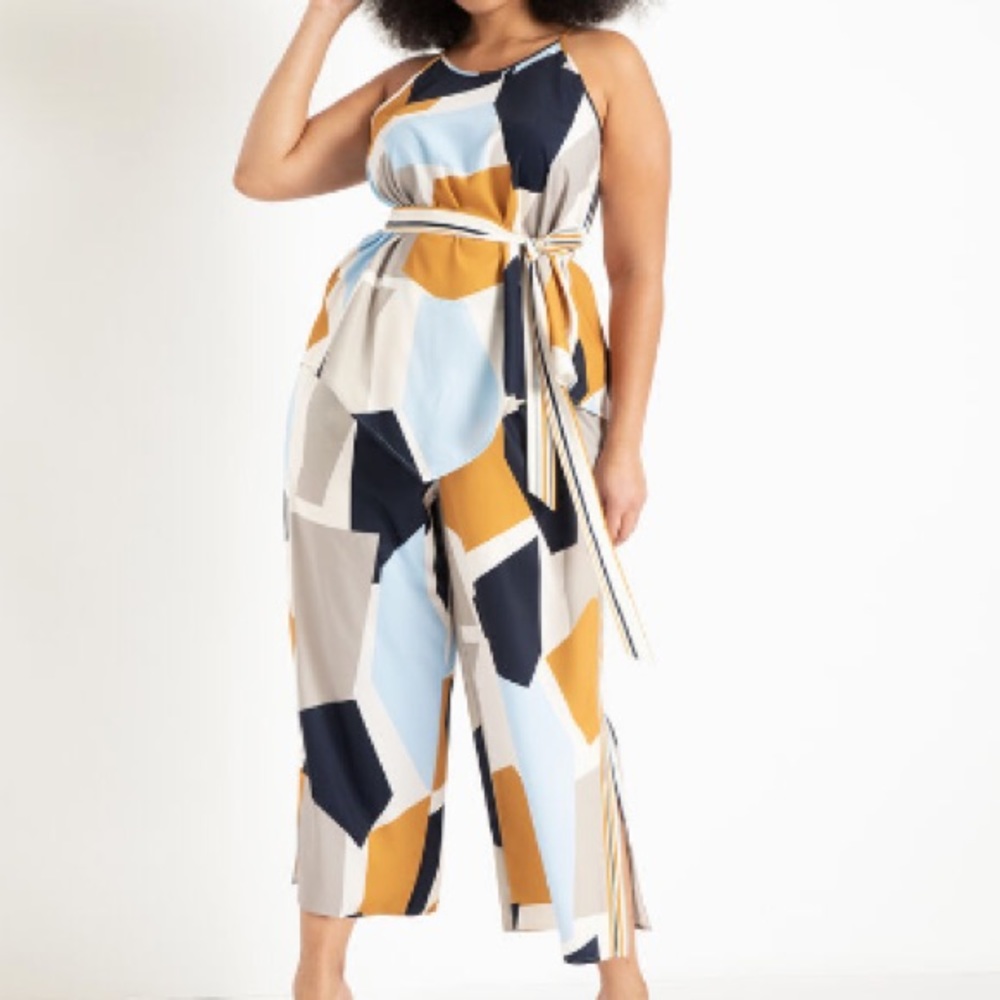 Eloquii multicolor flowy top & cropped pants set